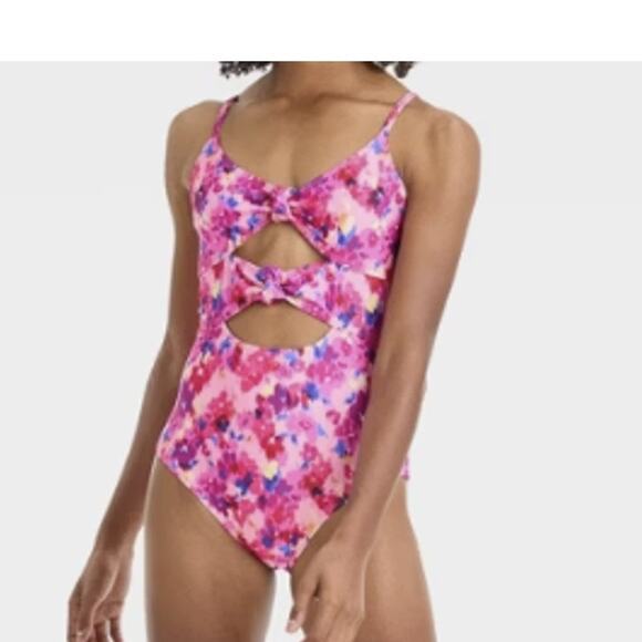 Art Class Girls 8 Pink Painted Garden Floral Cutout One Piece Swimsuit - Picture 1 of 7